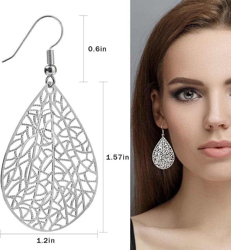 Teppdfann Store 14K Gold Plated Silver Rose Gold Teardrop Filigree Dangle Earrings Lightweight Leaf Drop Earrings for Christmas Gift - Image 3